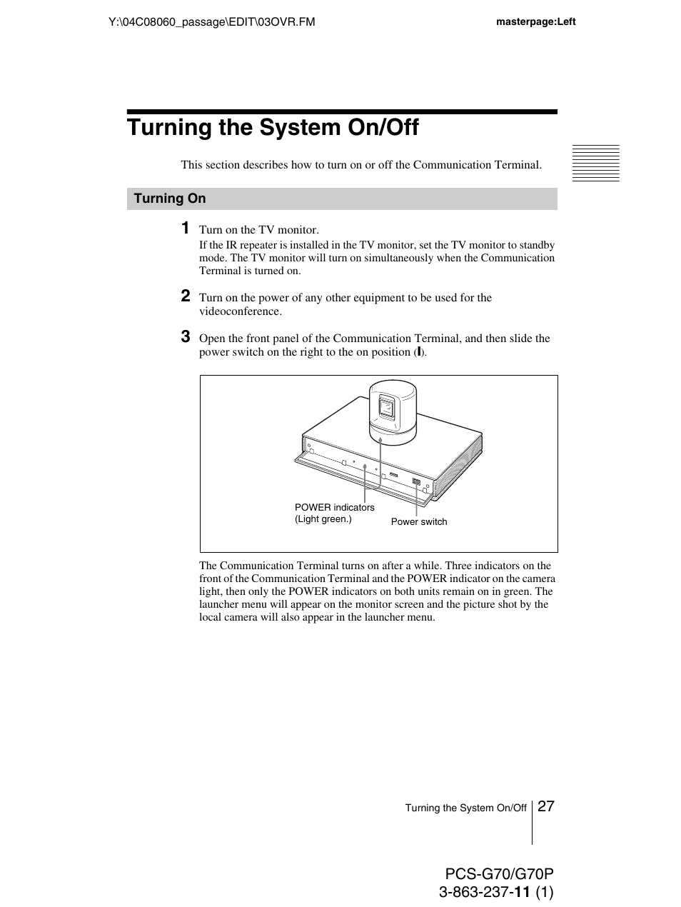 Turning the system on/off, Turning on | Sony PCS-G70P User Manual | Page 27 / 236