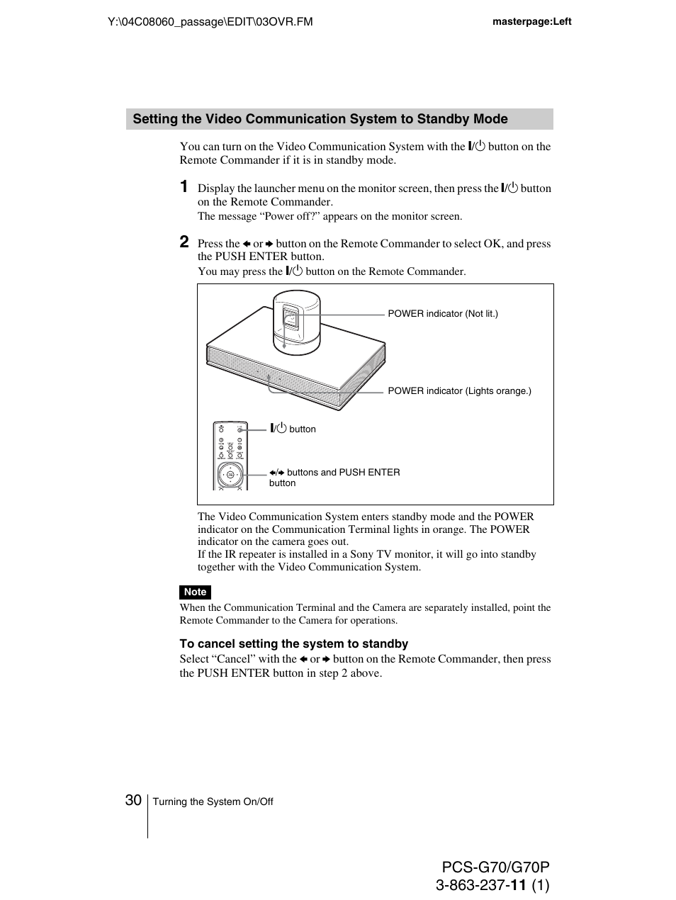 Setting the video communication, System to standby mode | Sony PCS-G70P User Manual | Page 30 / 236