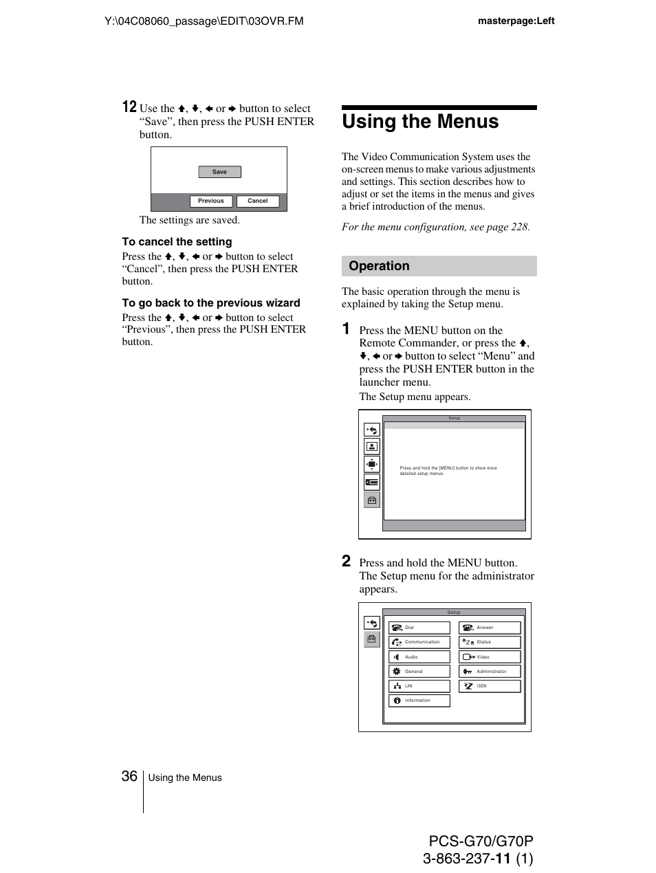 Using the menus, Operation | Sony PCS-G70P User Manual | Page 36 / 236