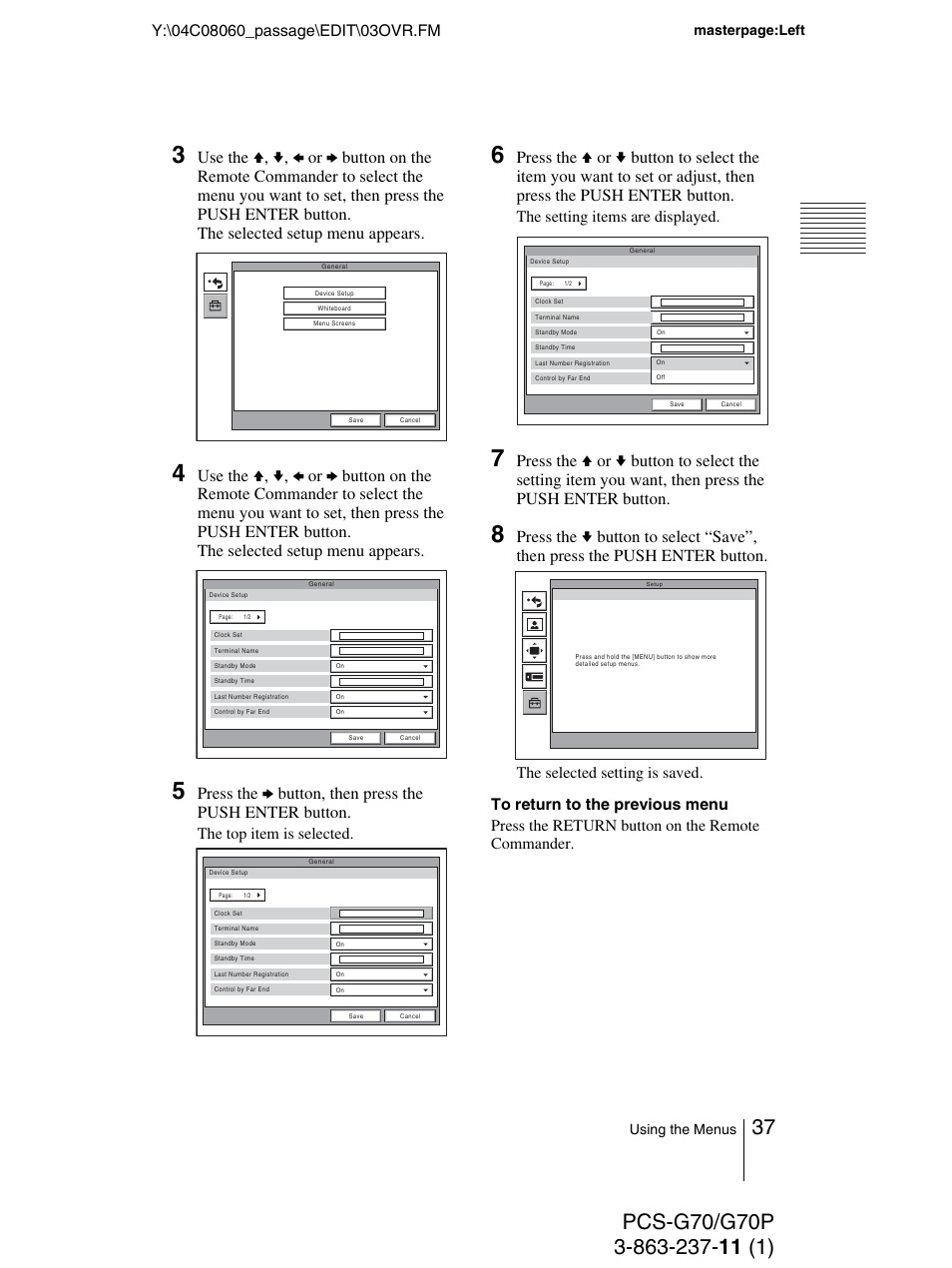 Masterpage:left, Using the menus | Sony PCS-G70P User Manual | Page 37 / 236