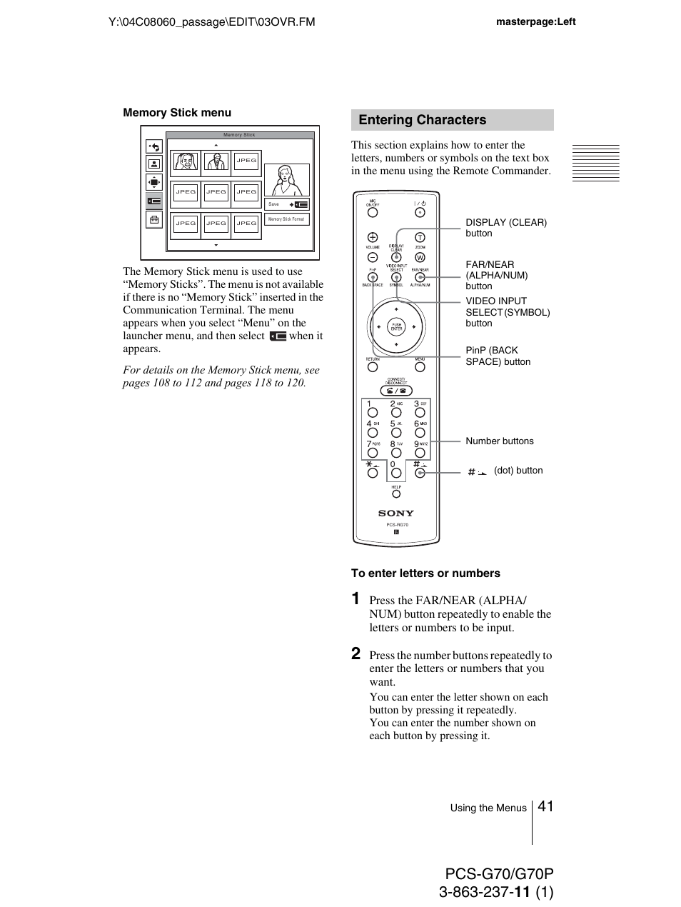 Entering characters | Sony PCS-G70P User Manual | Page 41 / 236
