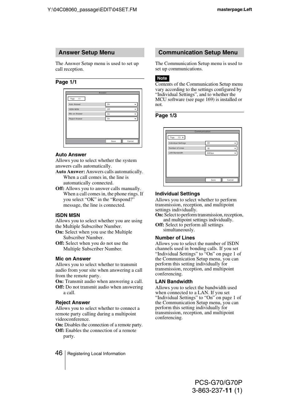 Answer setup menu, Communication setup menu, Answer setup menu communication setup menu | Sony PCS-G70P User Manual | Page 46 / 236