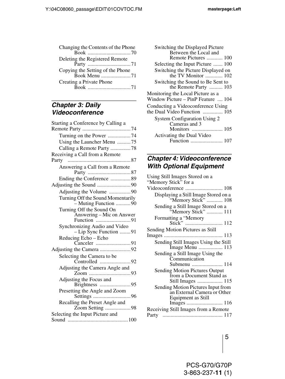 Chapter 3: daily videoconference, Chapter 4: videoconference with optional equipment | Sony PCS-G70P User Manual | Page 5 / 236
