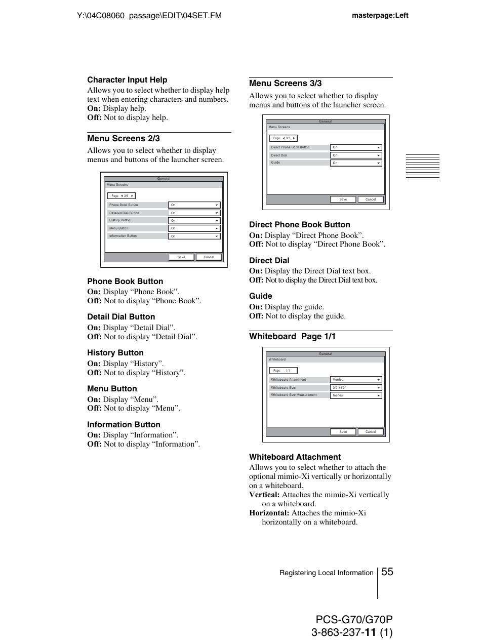 Masterpage:left, Registering local information | Sony PCS-G70P User Manual | Page 55 / 236