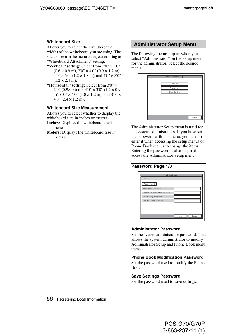 Administrator setup menu | Sony PCS-G70P User Manual | Page 56 / 236