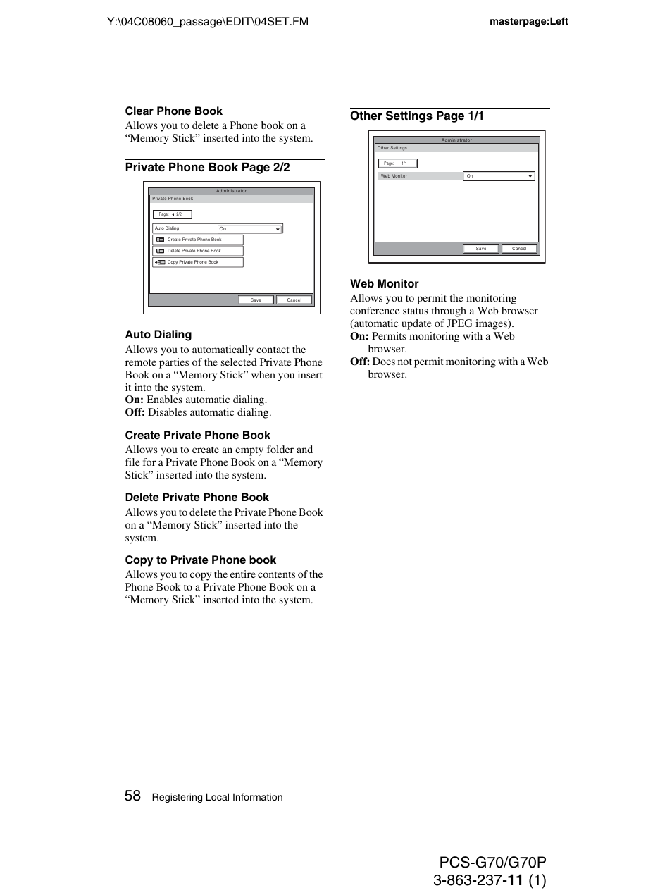 Sony PCS-G70P User Manual | Page 58 / 236