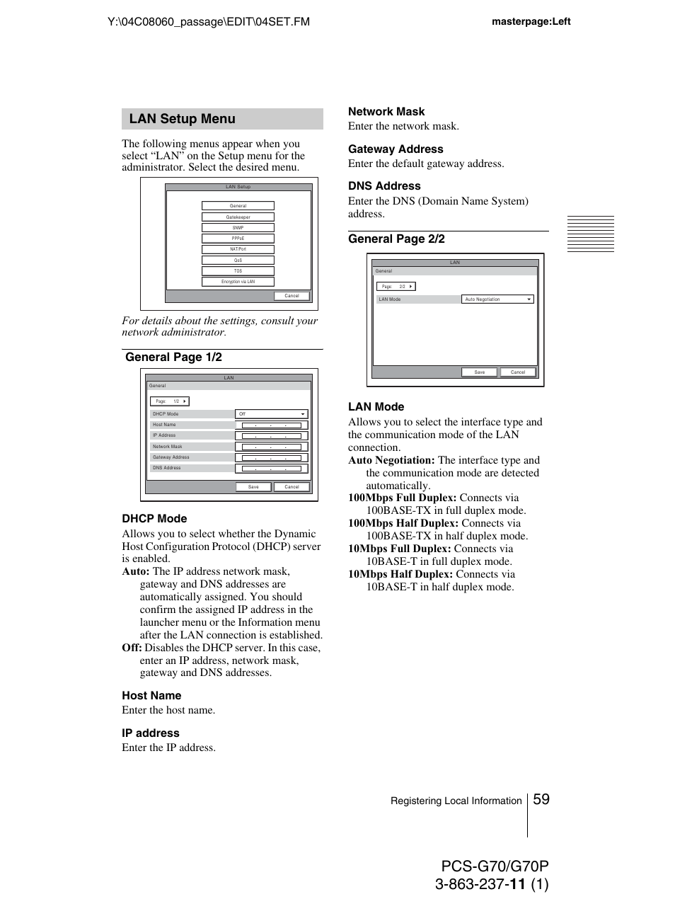 Lan setup menu | Sony PCS-G70P User Manual | Page 59 / 236
