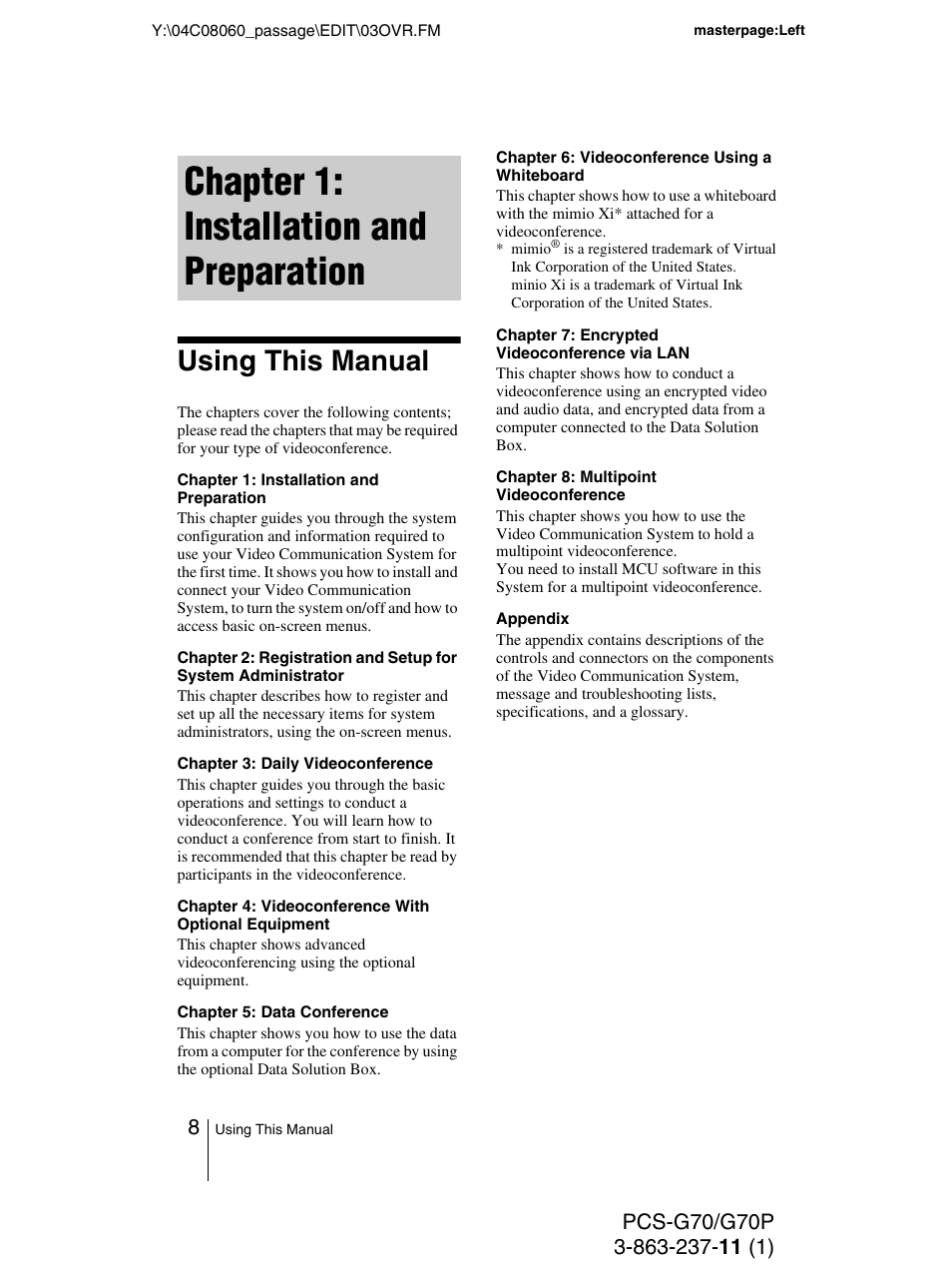 Chapter 1: installation and preparation, Using this manual | Sony PCS-G70P User Manual | Page 8 / 236