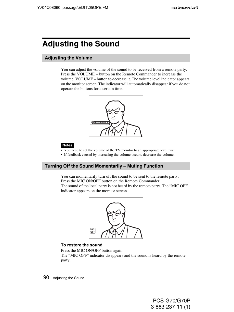 Adjusting the sound, Adjusting the volume, Muting function | Sony PCS-G70P User Manual | Page 90 / 236