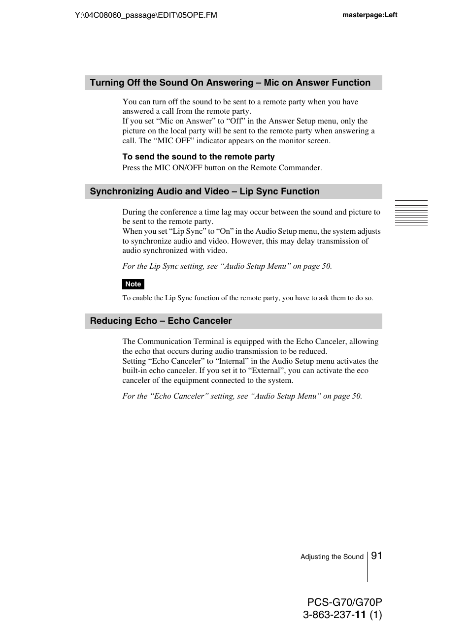 Synchronizing audio and video – lip sync function, Reducing echo – echo canceler, Turning off the sound on | Answering – mic on answer function, Synchronizing audio and video, Lip sync function, Reducing echo – echo, Canceler | Sony PCS-G70P User Manual | Page 91 / 236