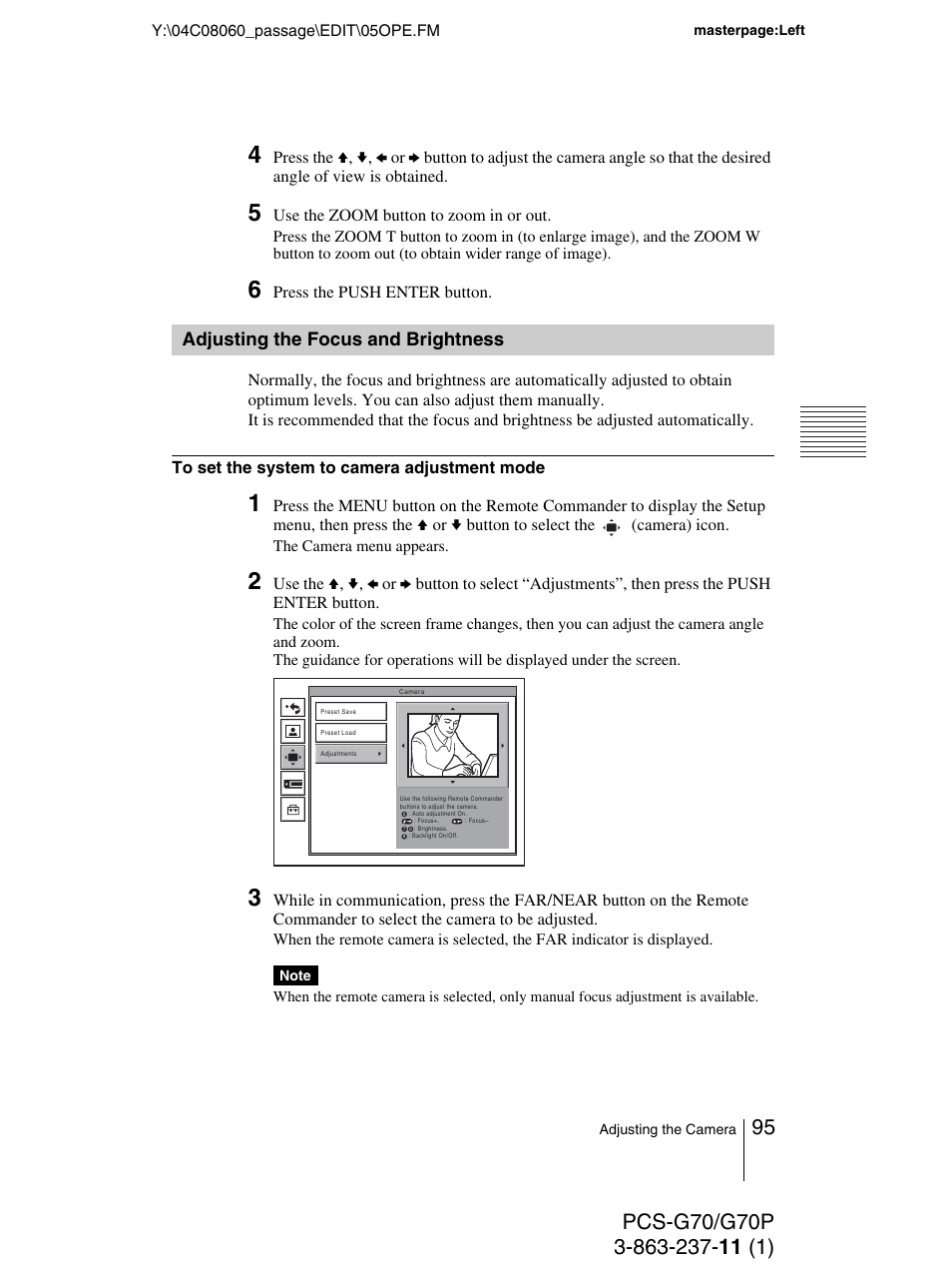 Adjusting the focus and brightness, Adjusting the focus and, Brightness | Sony PCS-G70P User Manual | Page 95 / 236