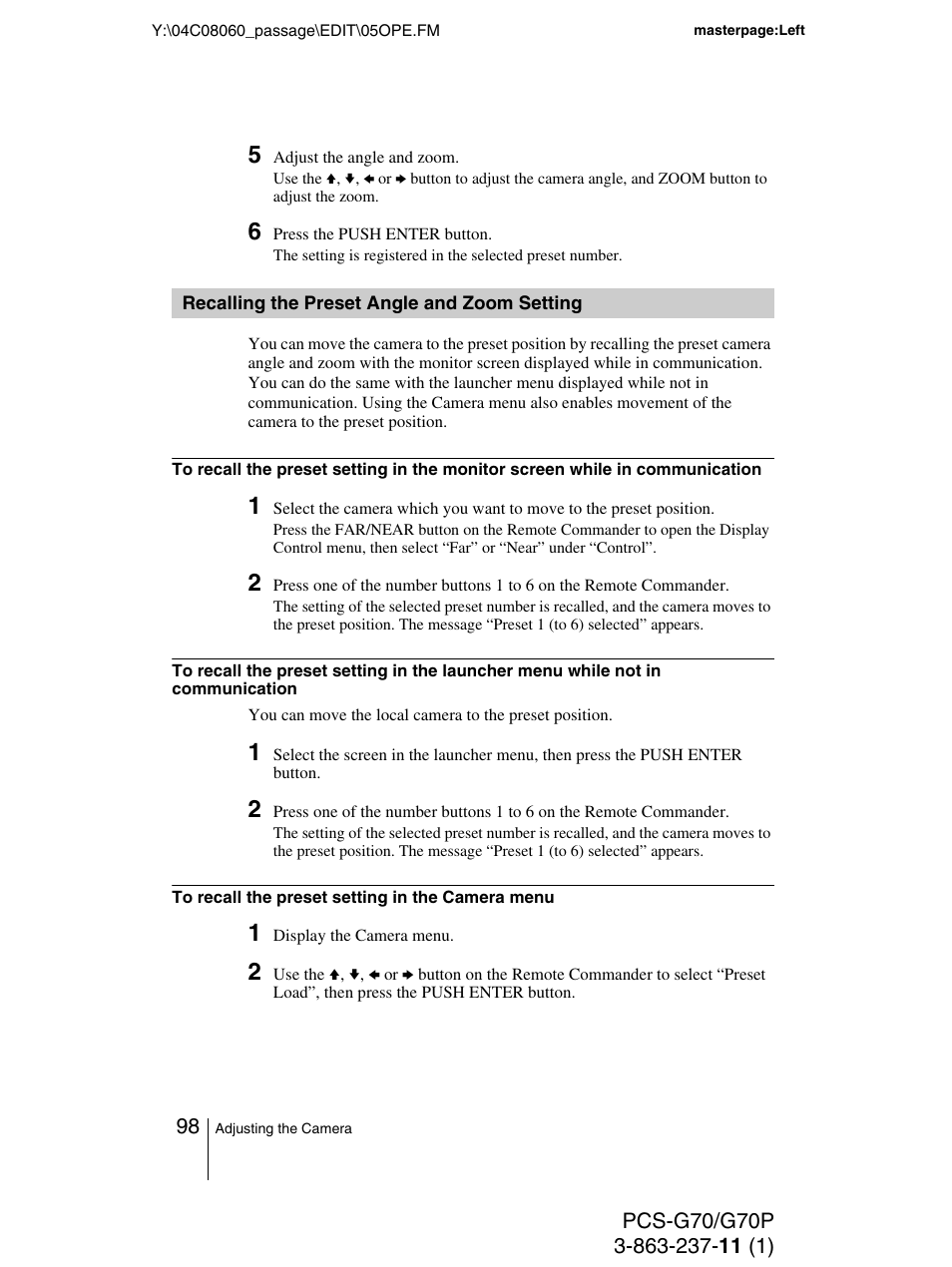 Recalling the preset angle and zoom setting, Recalling the preset angle and, Zoom setting | Sony PCS-G70P User Manual | Page 98 / 236