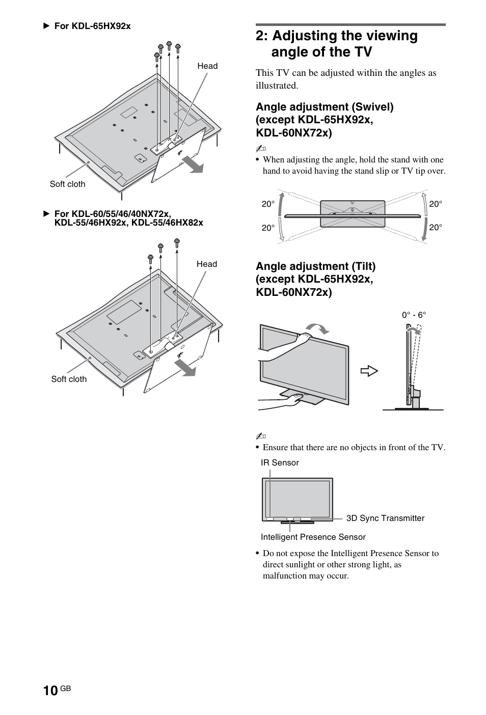 Adjusting the viewing angle of the tv | Sony 55HX92X User Manual | Page 10 / 40