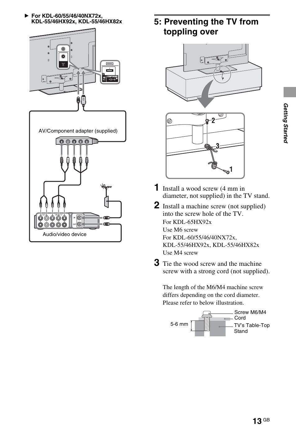 Preventing the tv from toppling over | Sony 55HX92X User Manual | Page 13 / 40