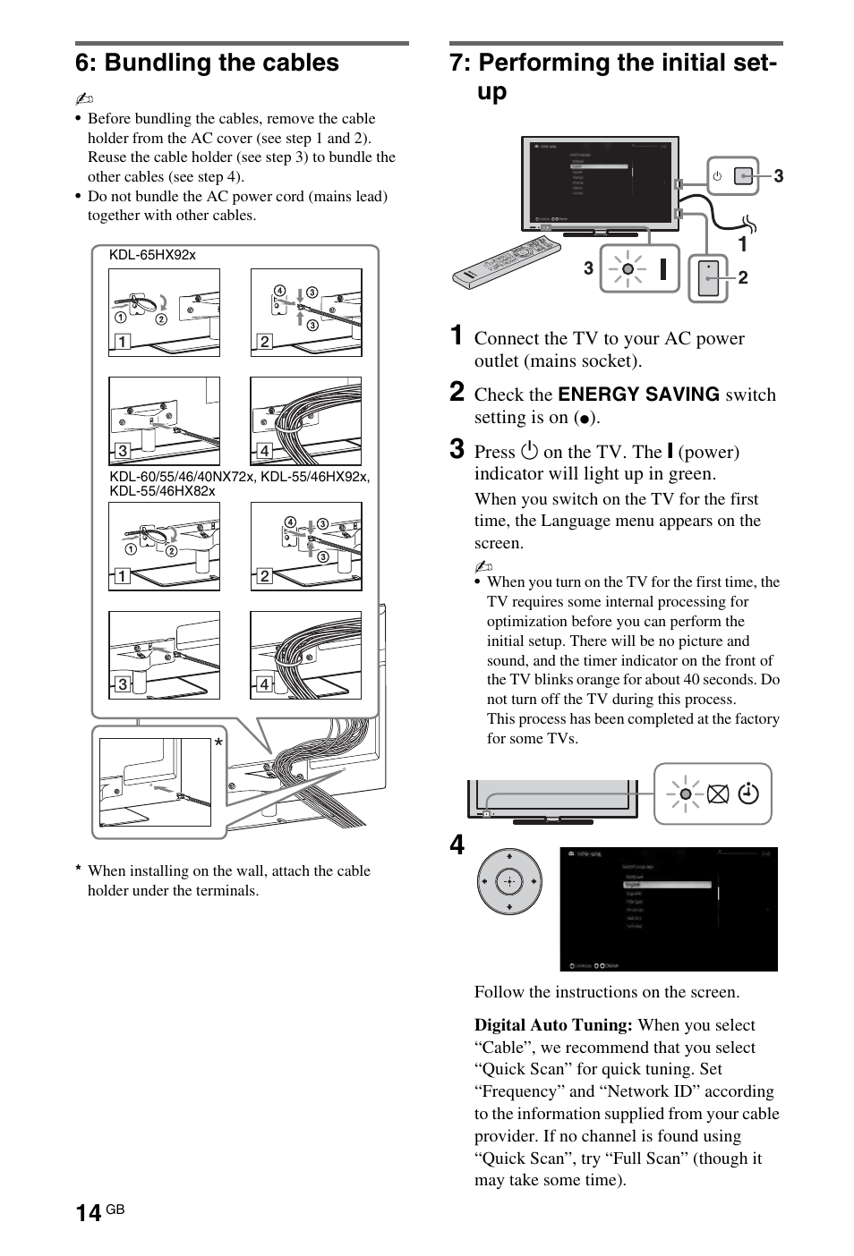 Bundling the cables, Performing the initial set-up, Performing the initial set- up | Sony 55HX92X User Manual | Page 14 / 40