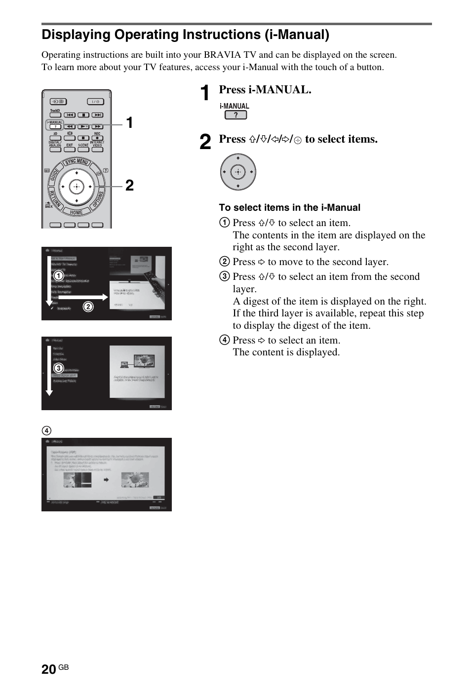 Displaying operating instructions (i-manual) | Sony 55HX92X User Manual | Page 20 / 40