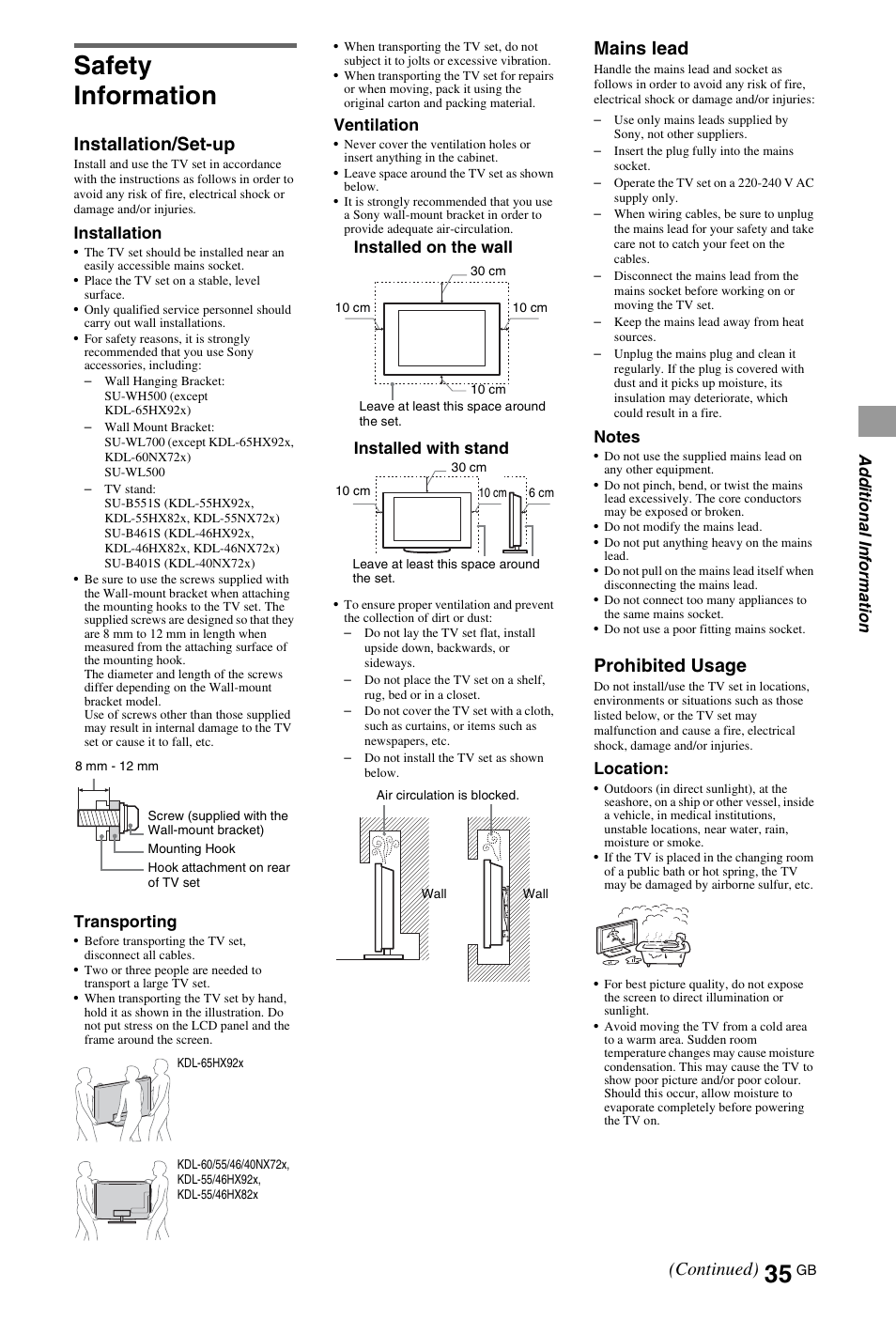 Safety information, Installation/set-up, Mains lead | Prohibited usage, Continued) | Sony 55HX92X User Manual | Page 35 / 40