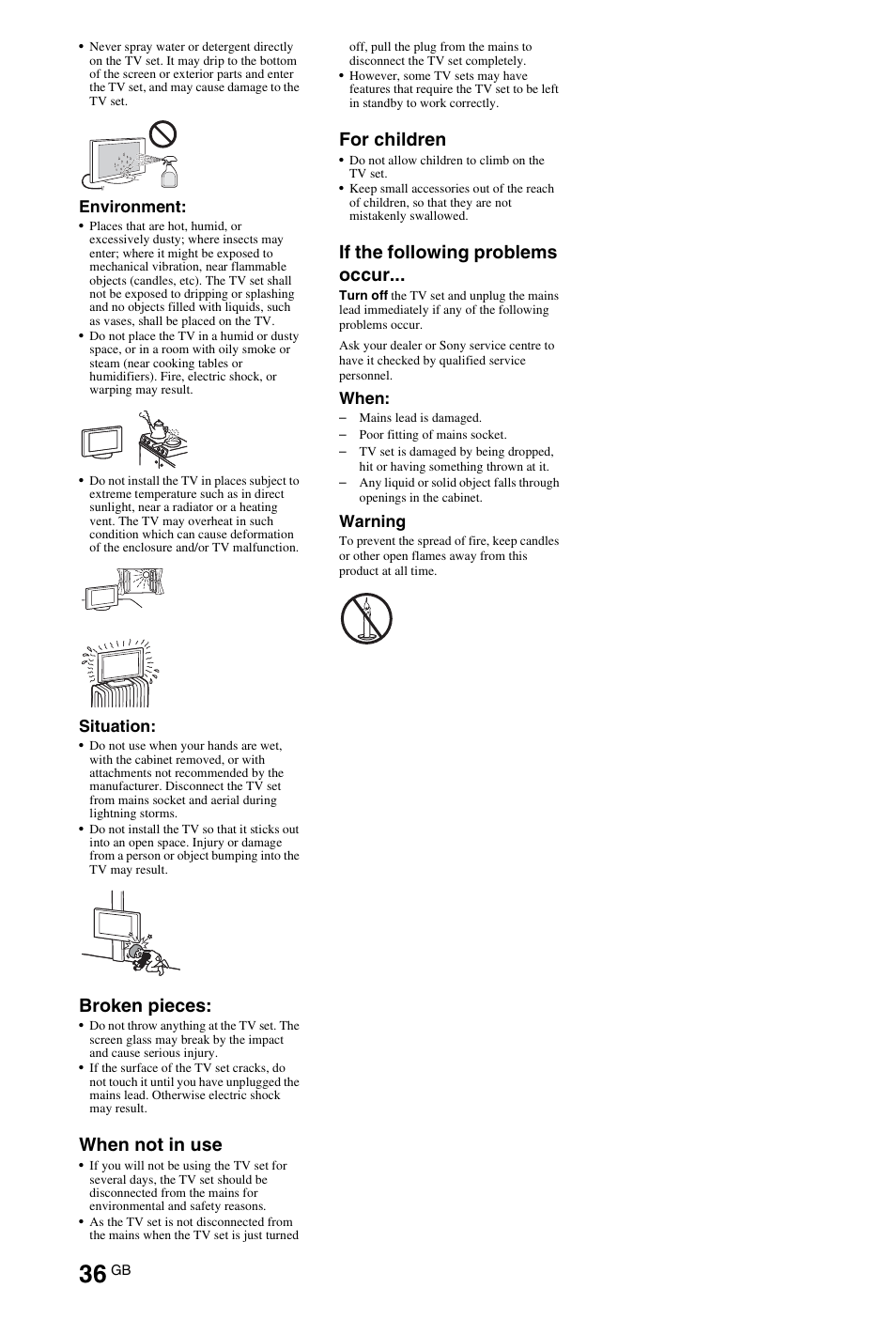 Broken pieces, When not in use, For children | If the following problems occur | Sony 55HX92X User Manual | Page 36 / 40