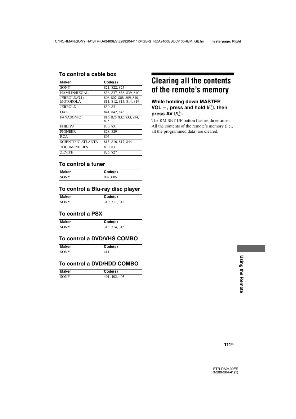 Clearing all the contents of the remote’s memory, Clearing all the contents of the remote’s, Memory | Sony 3-289-204-41(1) User Manual | Page 111 / 128