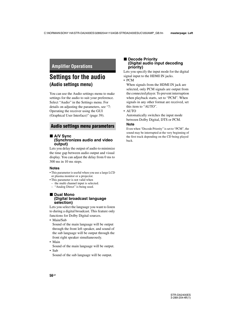 Amplifier operations, Settings for the audio (audio settings menu), Settings for the audio | Audio settings menu) | Sony 3-289-204-41(1) User Manual | Page 56 / 128