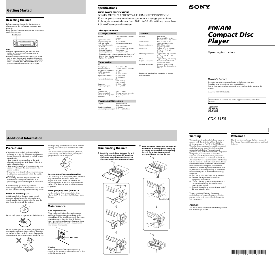 Sony CDX-1150 User Manual | 2 pages