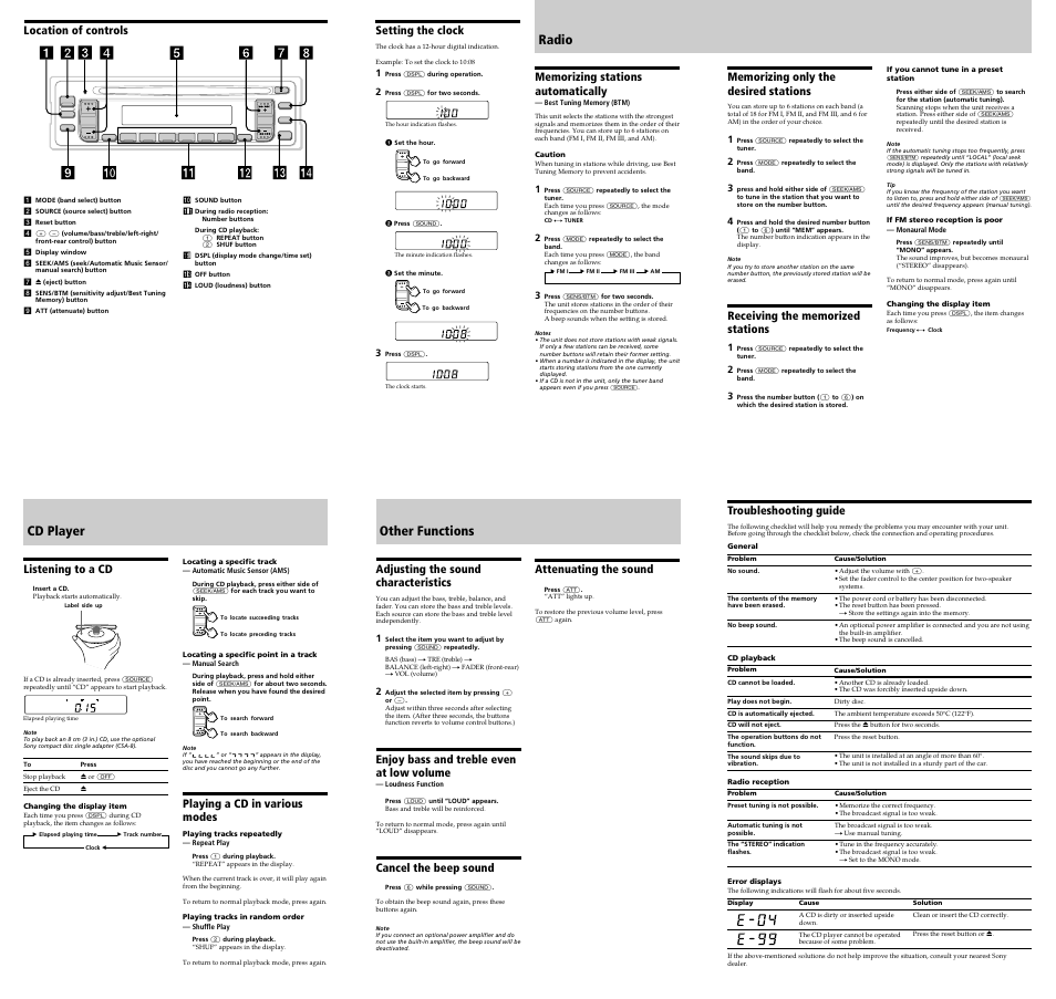 Cd player, Radio, Other functions | Location of controls, Setting the clock, Playing a cd in various modes, Listening to a cd, Adjusting the sound characteristics, Enjoy bass and treble even at low volume, Cancel the beep sound | Sony CDX-1150 User Manual | Page 2 / 2