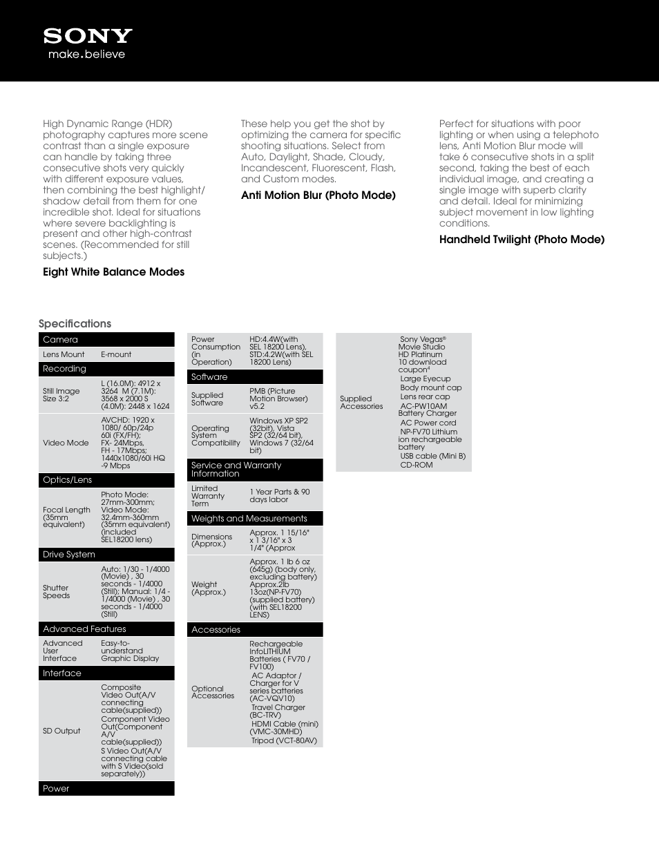 Eight white balance modes, Anti motion blur (photo mode), Handheld twilight (photo mode) specifications | Sony NEX-VG20 User Manual | Page 2 / 3