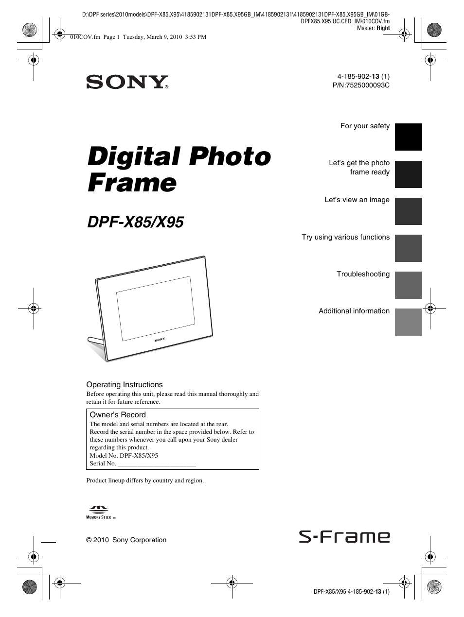 Sony S-Frame DPF-X95 User Manual | 32 pages