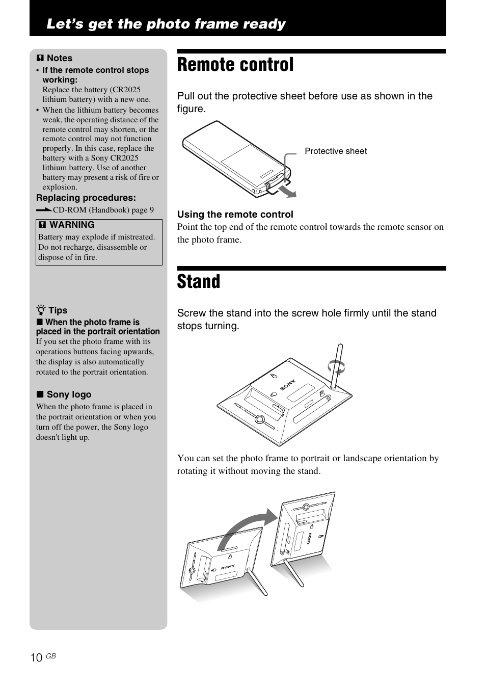 Let’s get the photo frame ready, Remote control, Stand | Let’s get the photo, Frame ready, Remote control stand | Sony S-Frame DPF-X95 User Manual | Page 10 / 32