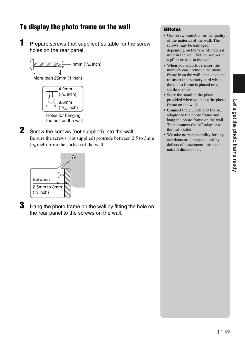 To display the photo frame on the wall | Sony S-Frame DPF-X95 User Manual | Page 11 / 32