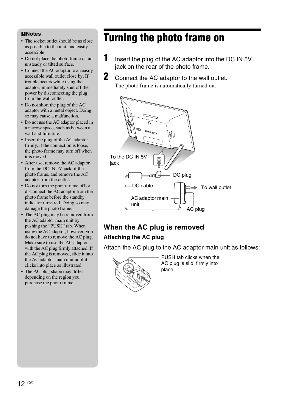 Turning the photo frame on, When the ac plug is removed | Sony S-Frame DPF-X95 User Manual | Page 12 / 32