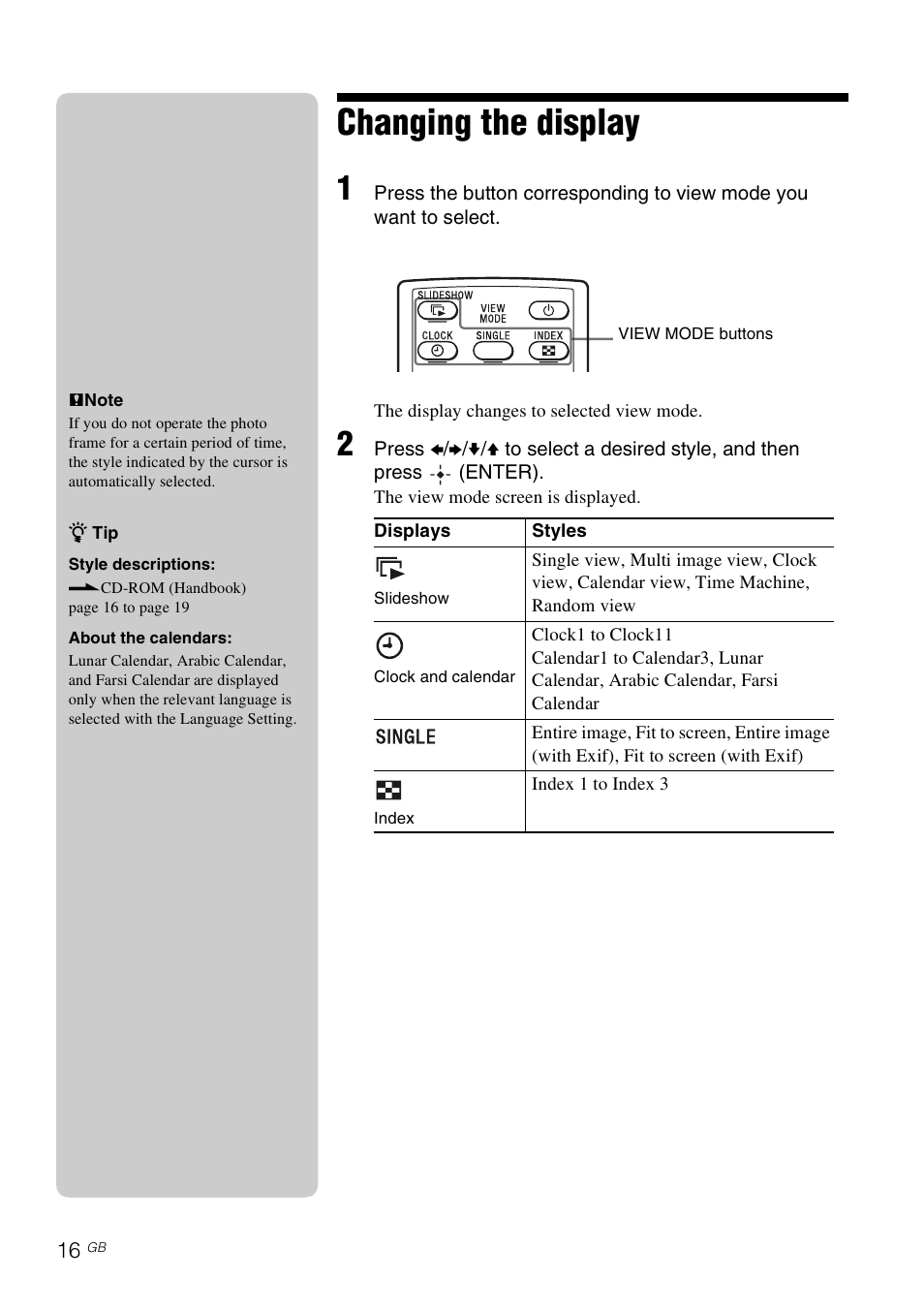 Changing the display | Sony S-Frame DPF-X95 User Manual | Page 16 / 32