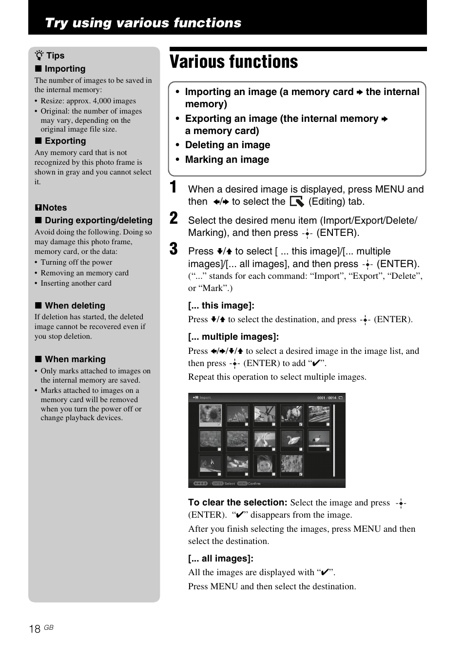 Try using various functions, Various functions | Sony S-Frame DPF-X95 User Manual | Page 18 / 32
