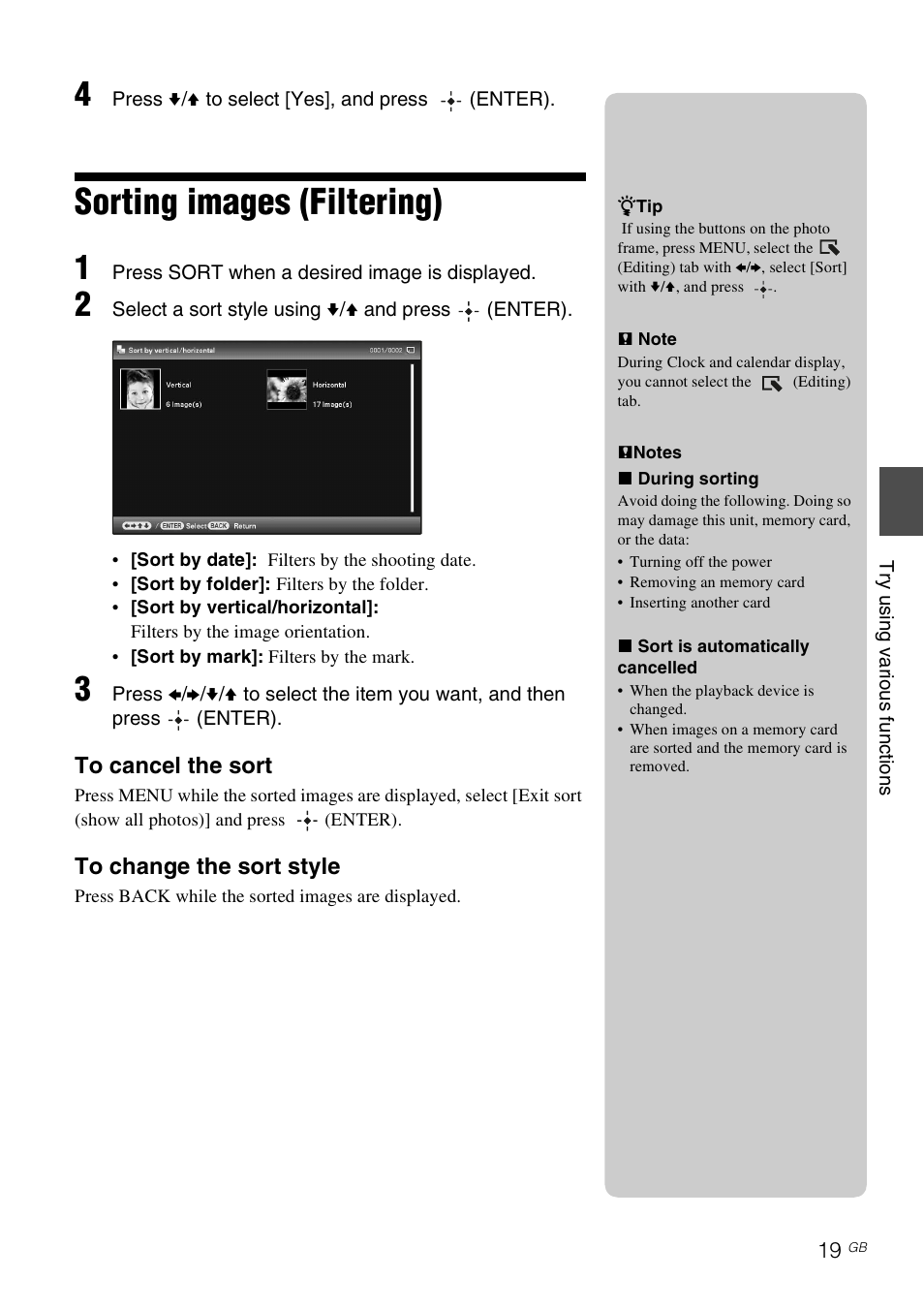 Sorting images (filtering) | Sony S-Frame DPF-X95 User Manual | Page 19 / 32