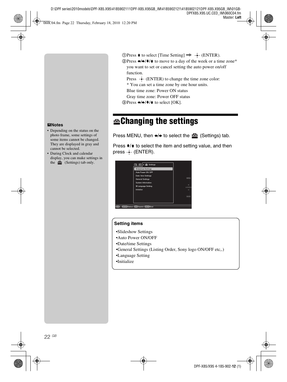 Changing the settings | Sony S-Frame DPF-X95 User Manual | Page 22 / 32