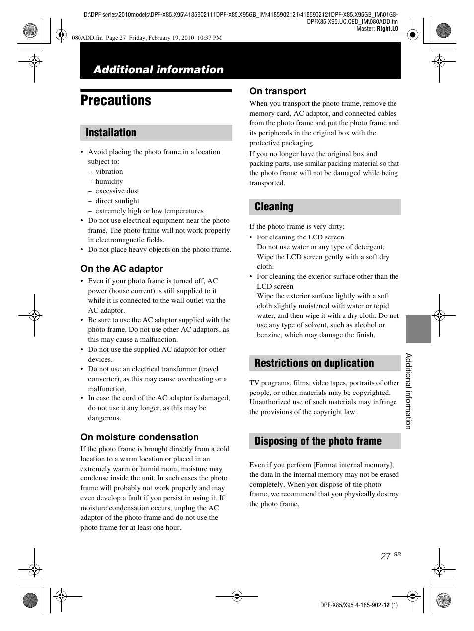 Additional information, Precautions, Installation | Cleaning, Restrictions on duplication, Disposing of the photo frame | Sony S-Frame DPF-X95 User Manual | Page 27 / 32