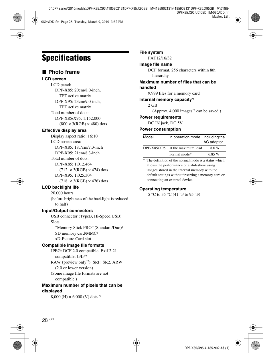 Specifications, X photo frame | Sony S-Frame DPF-X95 User Manual | Page 28 / 32