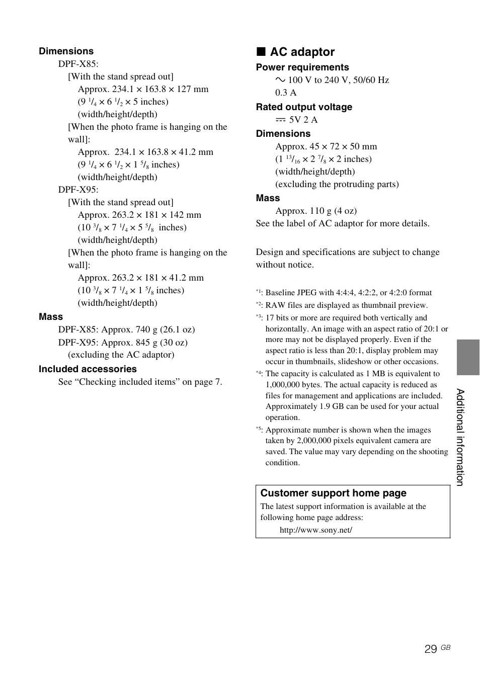 X ac adaptor, Ad diti on al i n fo rma tio n, Customer support home page | Sony S-Frame DPF-X95 User Manual | Page 29 / 32