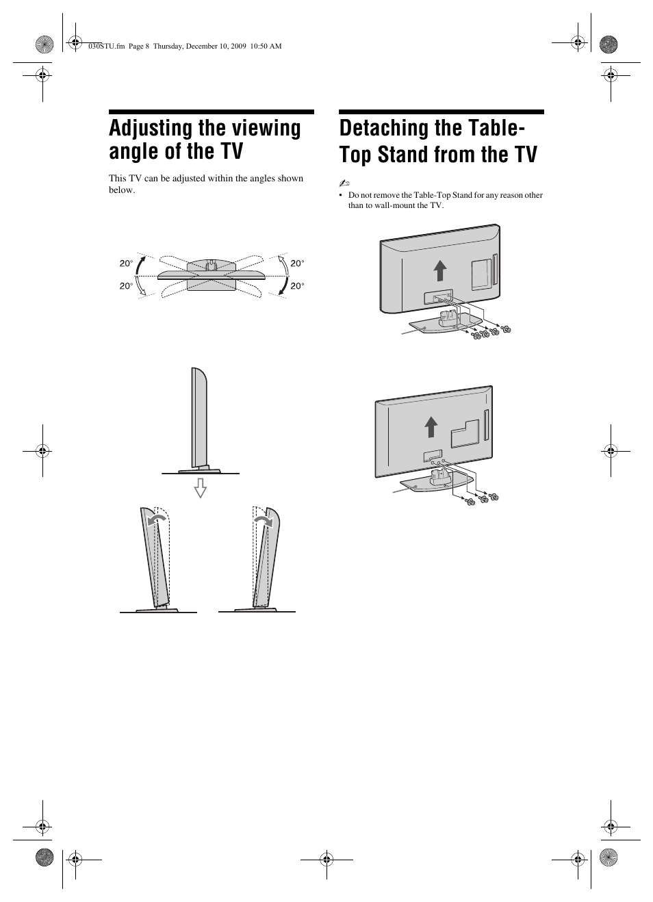 Adjusting the viewing angle of the tv, Detaching the table- top stand from the tv | Sony BRAVIA KDL-32BX4xx User Manual | Page 8 / 20