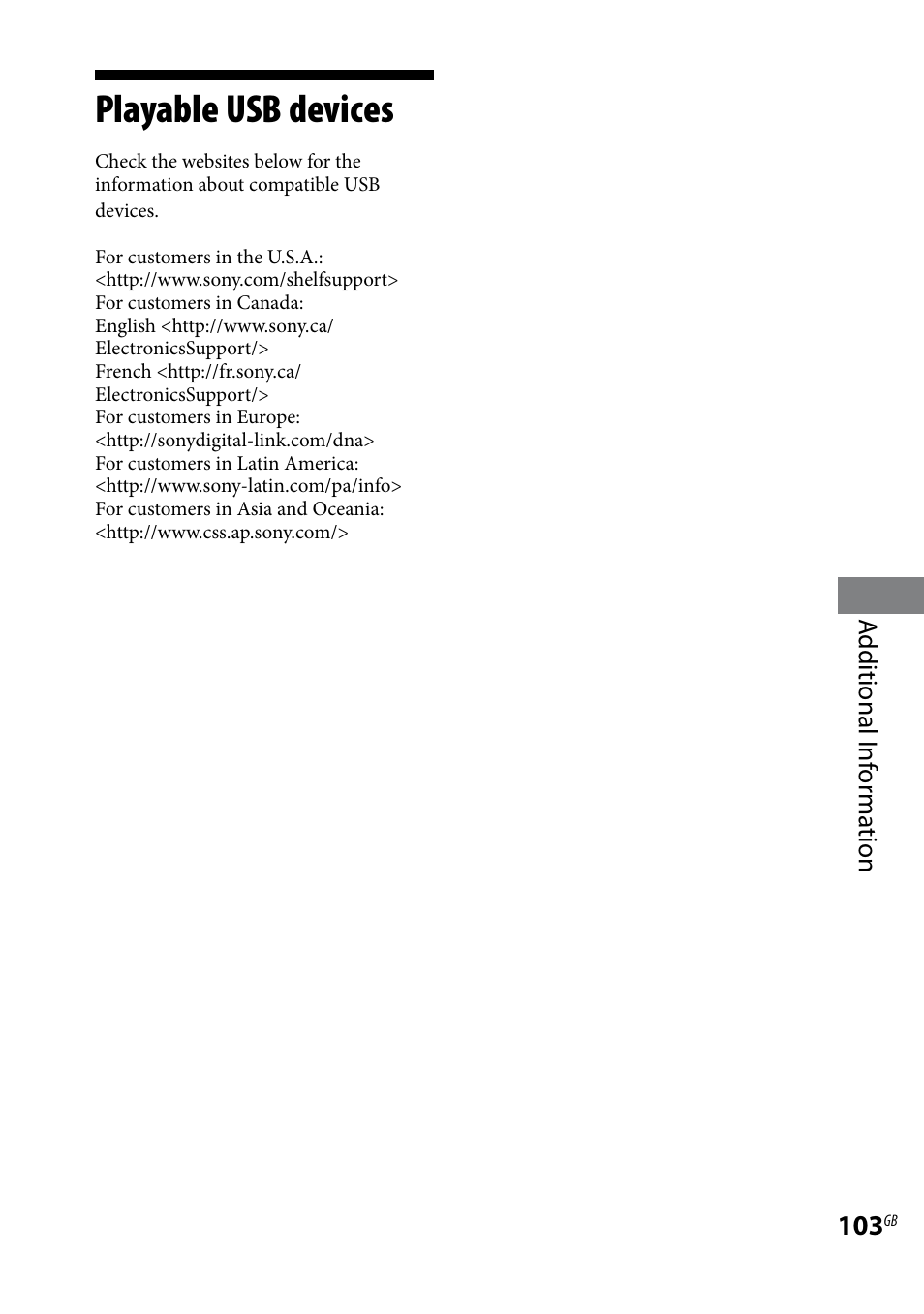 Playable usb devices, Additional i nf or ma tion | Sony CMT-DH30 User Manual | Page 103 / 112