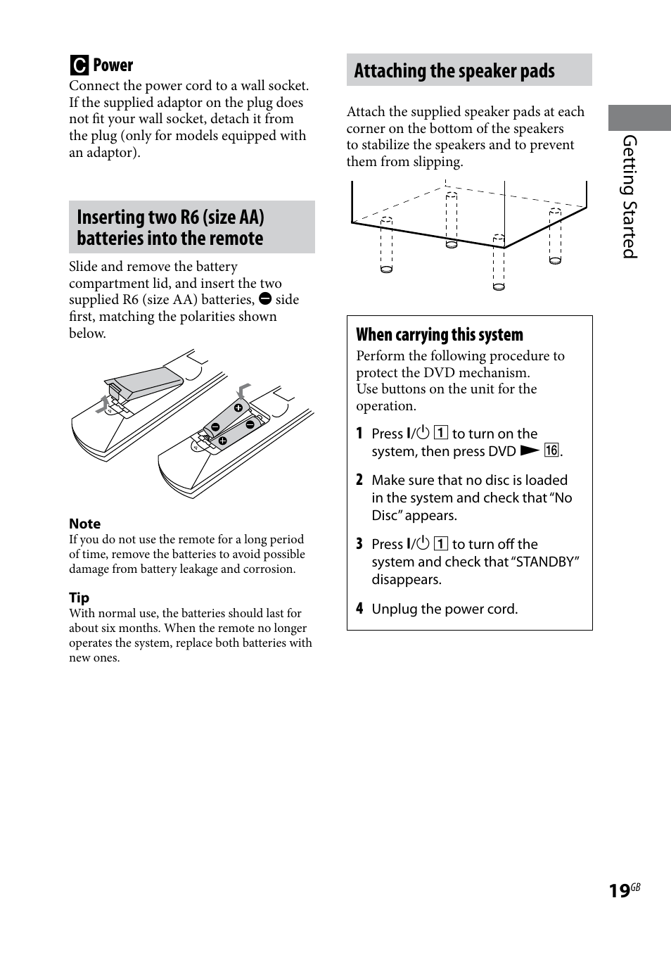 Attaching the speaker pads, Getting s tar ted  power, When carrying this system | Sony CMT-DH30 User Manual | Page 19 / 112