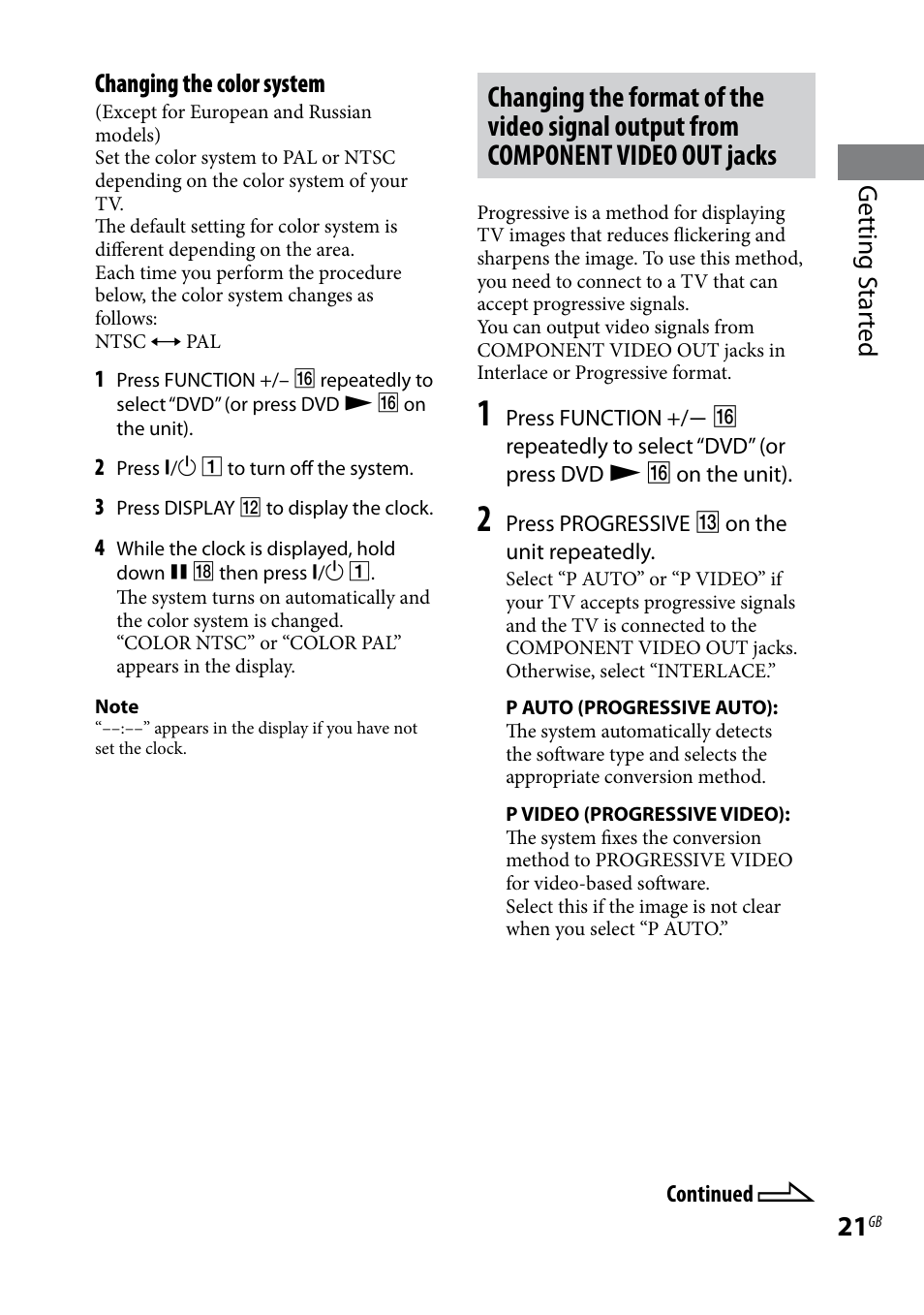 Getting s tar ted, Changing the color system | Sony CMT-DH30 User Manual | Page 21 / 112