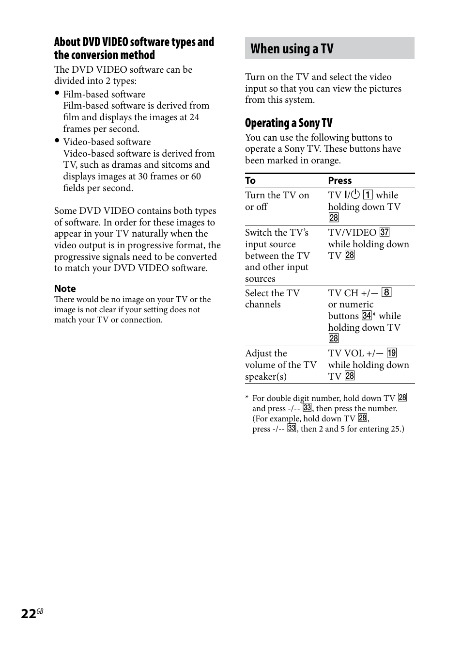 When using a tv, Operating a sony tv | Sony CMT-DH30 User Manual | Page 22 / 112