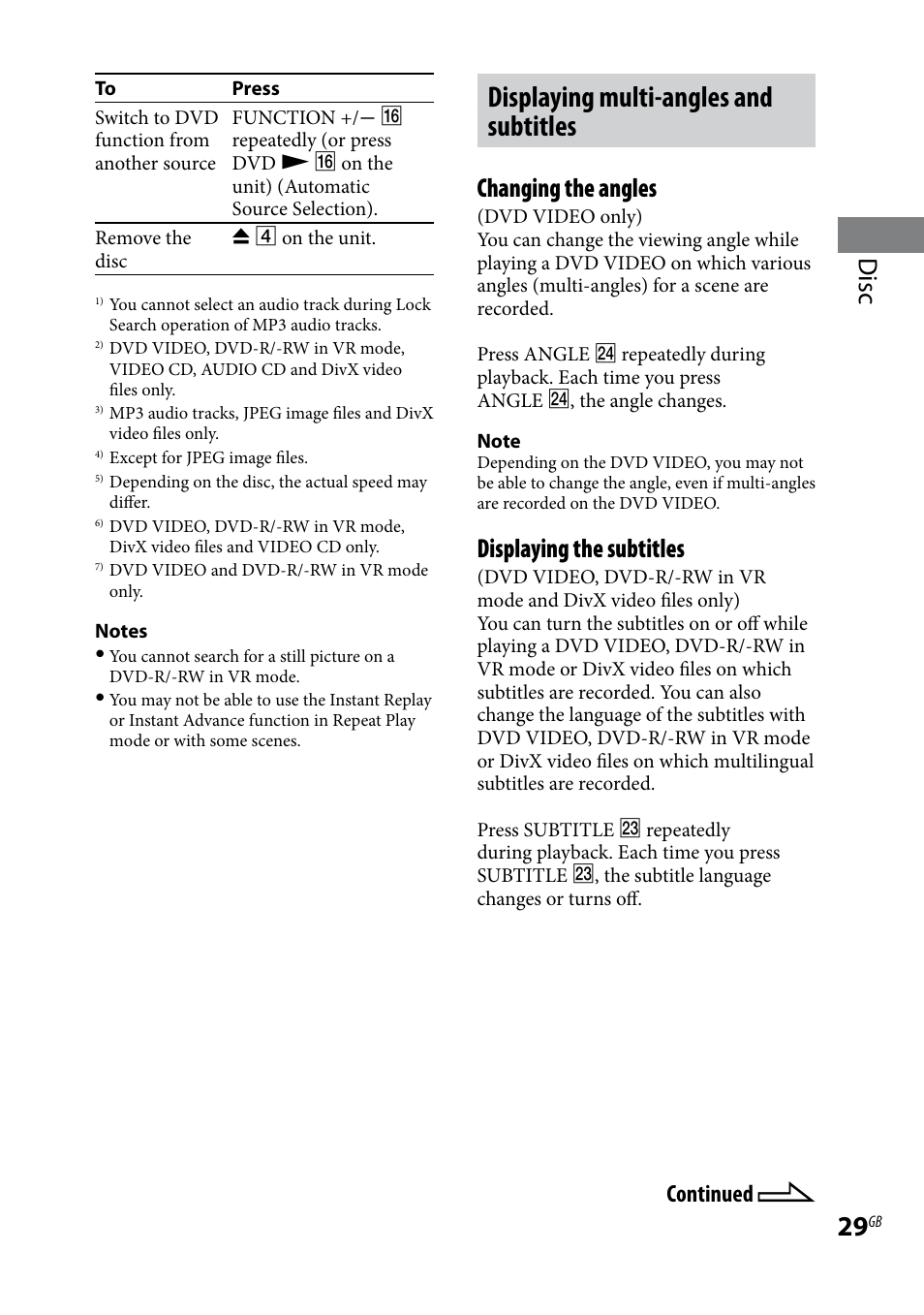 Displaying multi-angles and subtitles, Disc, Changing the angles | Displaying the subtitles, Continued | Sony CMT-DH30 User Manual | Page 29 / 112