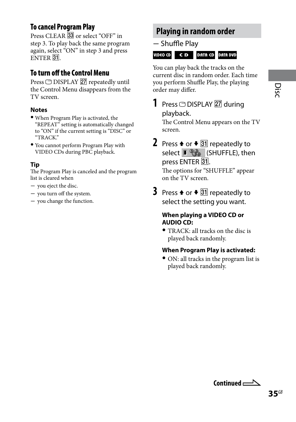 Playing in random order, Disc to cancel program play | Sony CMT-DH30 User Manual | Page 35 / 112