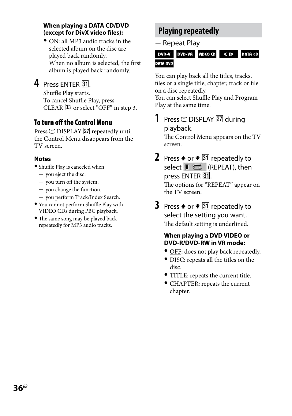 Playing repeatedly | Sony CMT-DH30 User Manual | Page 36 / 112