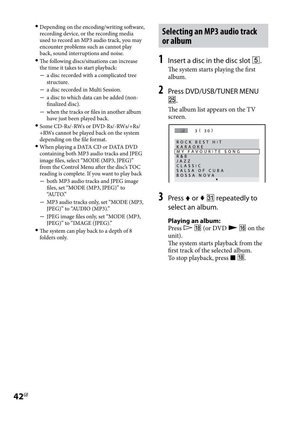Selecting an mp3 audio track or album | Sony CMT-DH30 User Manual | Page 42 / 112
