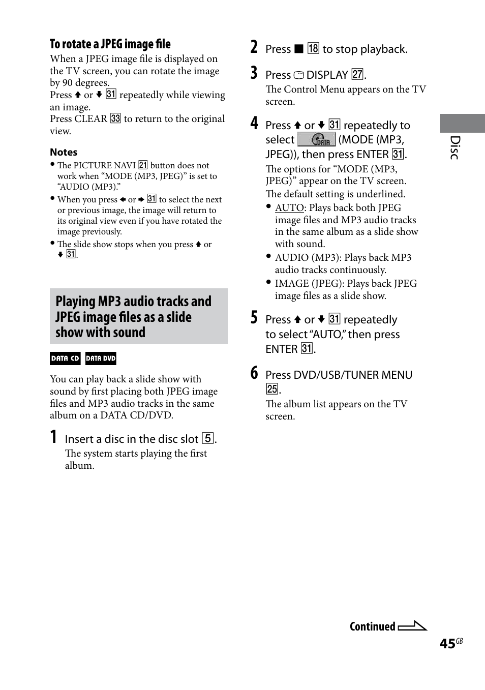 Disc to rotate a jpeg image file | Sony CMT-DH30 User Manual | Page 45 / 112