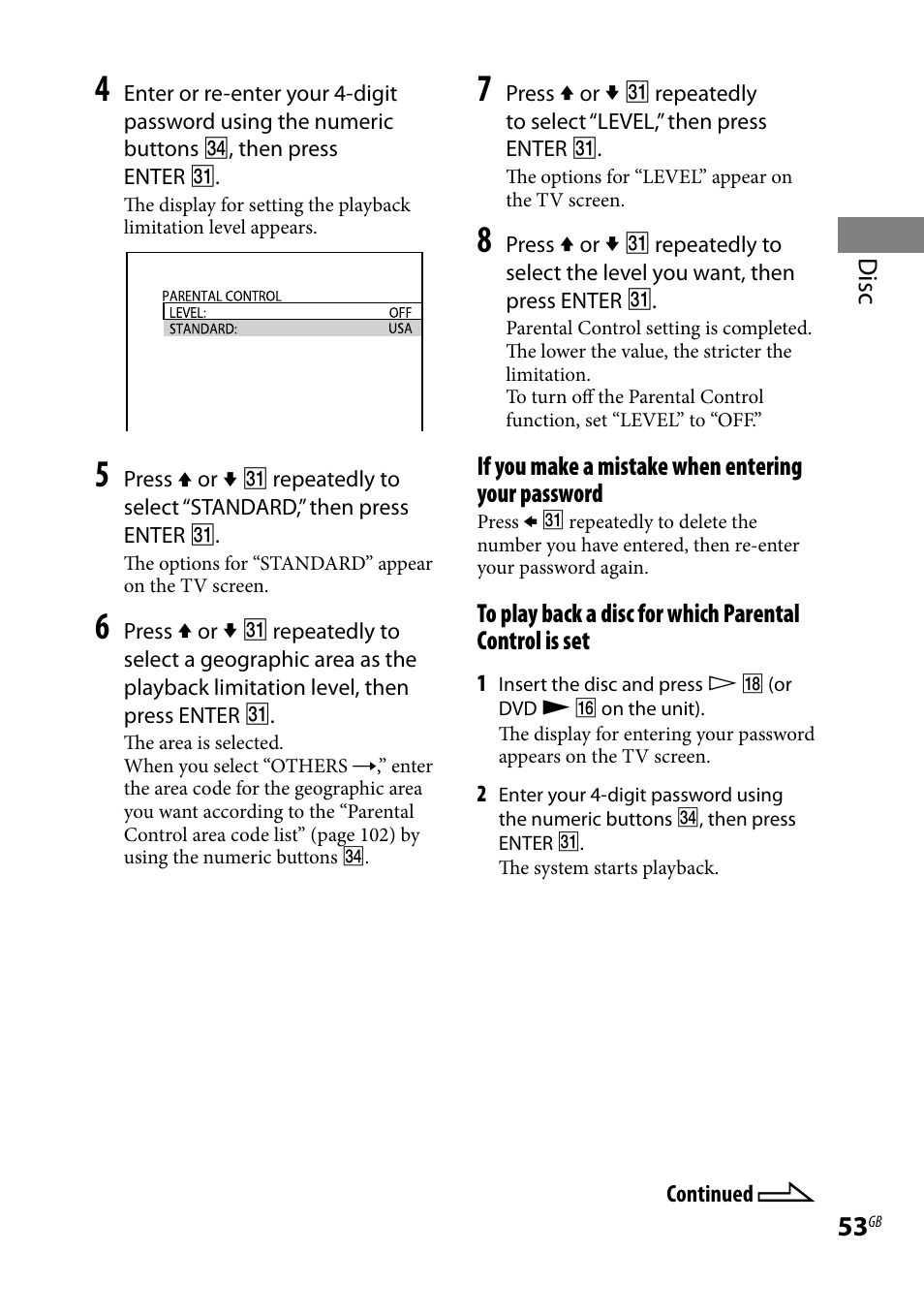 Disc, If you make a mistake when entering your password | Sony CMT-DH30 User Manual | Page 53 / 112