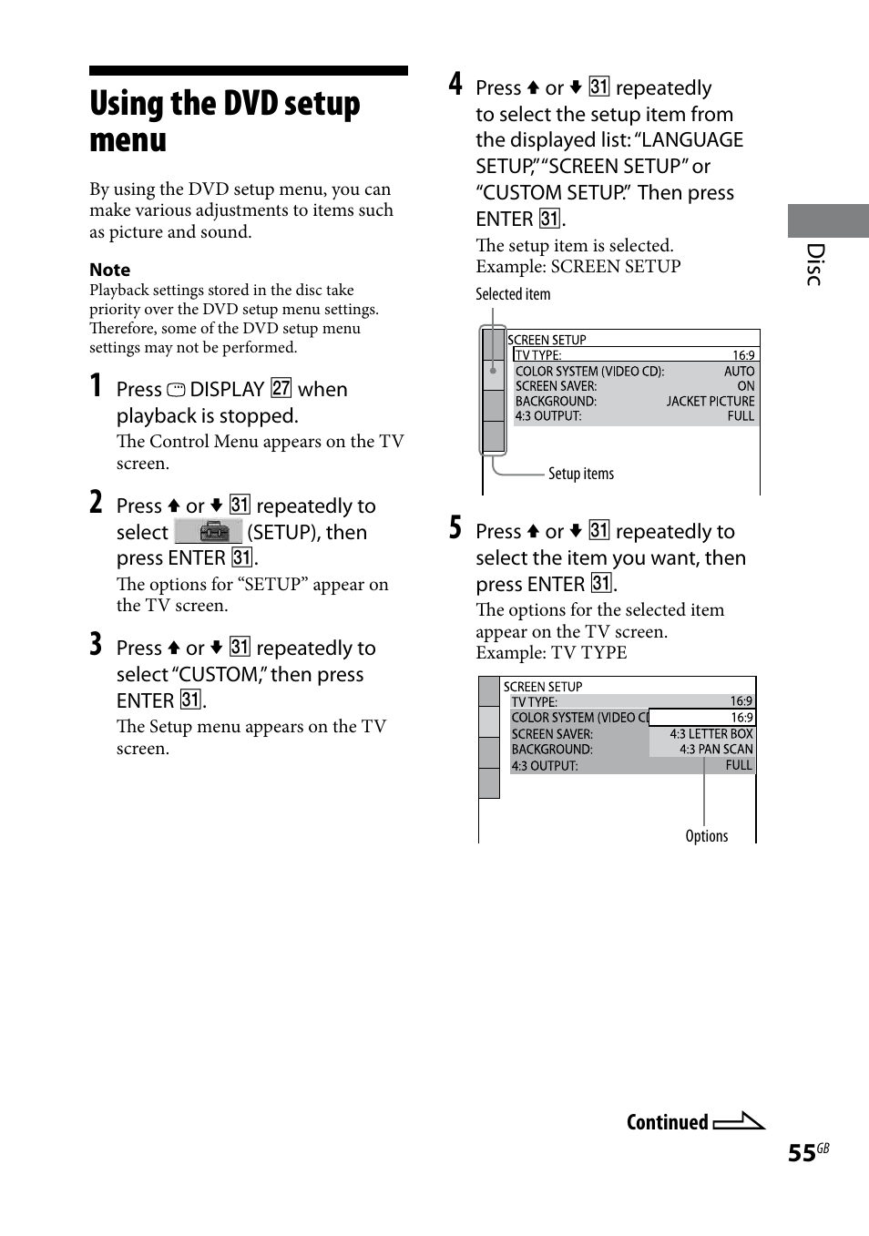 Using the dvd setup menu | Sony CMT-DH30 User Manual | Page 55 / 112